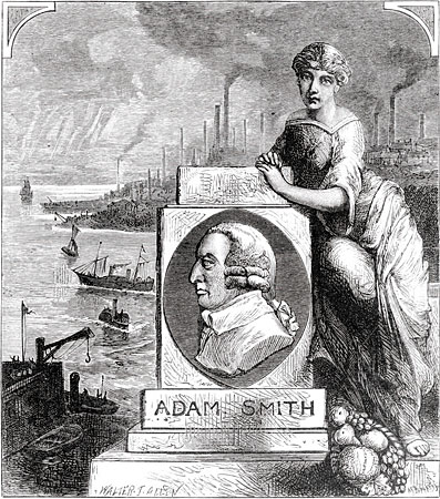 19th Century woodcut depicting Adam Smith and the Industrial Revolution